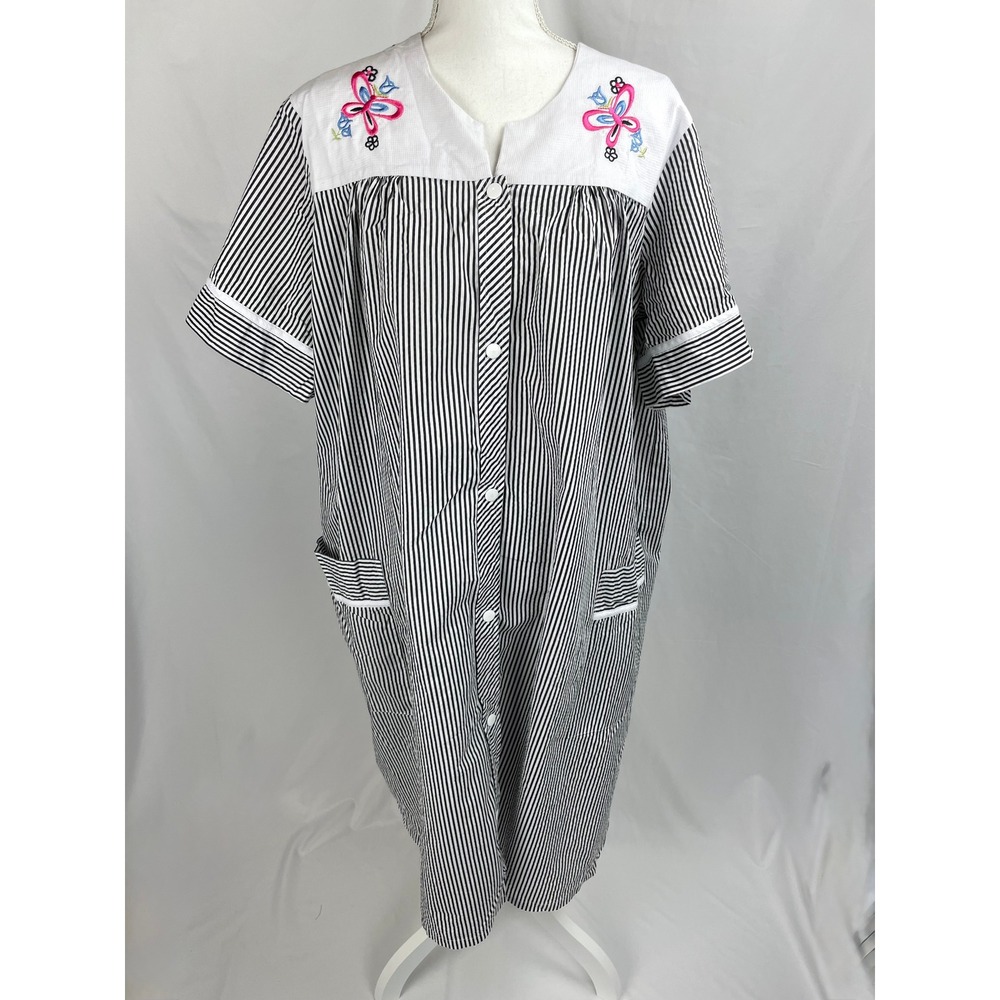 Anthony Richards Women XL Black White Striped Embroidered Housecoat Dress Duster